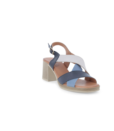 Sandalo donna comodo basso in pelle blu e jeans k56143