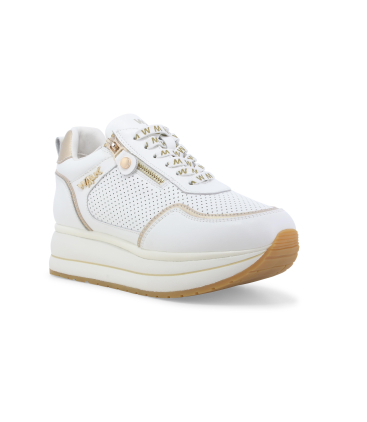 Sneakers platform bianca in pelle traforata con dettagli oro k60039bk