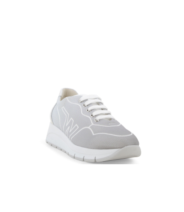 Sneakers allacciata donna in tessuto tecnico logato beige grigio r20097