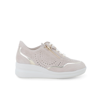 Sneakers beige in camoscio traforata con zip e profili oro r20258q