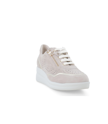 Sneakers beige in camoscio traforata con zip e profili oro r20258q