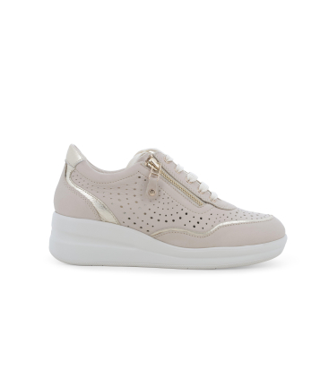 Sneaker beige in pelle traforata con zip e profili metallizzati r20258q