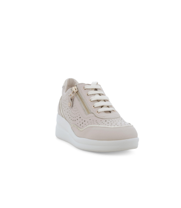Sneaker beige in pelle traforata con zip e profili metallizzati r20258q
