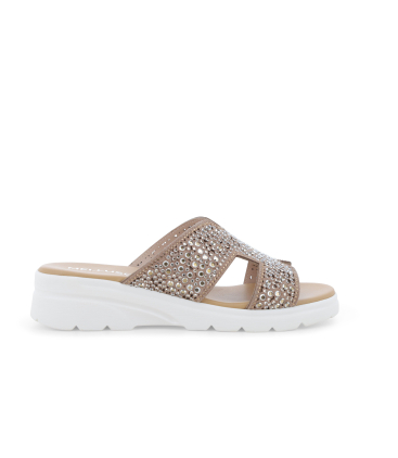 Ciabatta sportiva con zeppa e strass marrone r80232q
