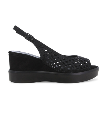 Sandalo zeppa nero con strass e lavorazione traforata r80555q