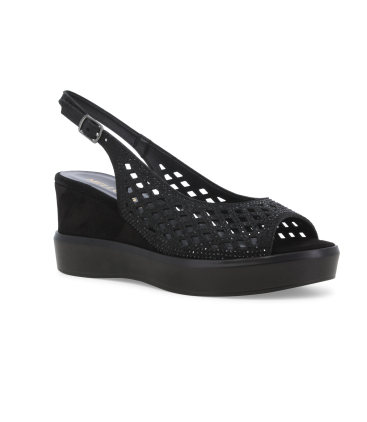 Sandalo zeppa nero con strass e lavorazione traforata r80555q