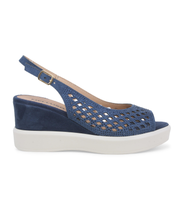 Sandalo zeppa blu con strass e lavorazione traforata r80555q