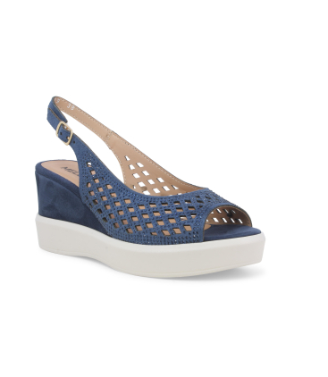 Sandalo zeppa blu con strass e lavorazione traforata r80555q