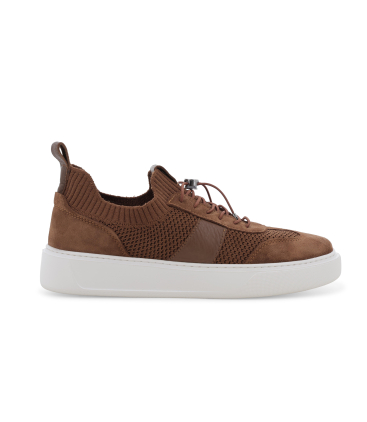 Sneaker uomo in tessuto knit marrone con lacci elastici u56176
