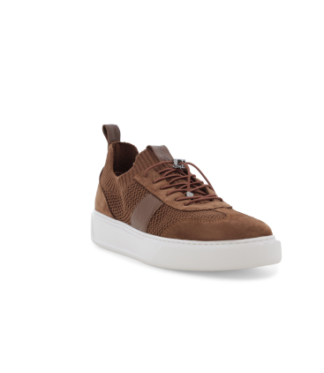 Sneaker uomo in tessuto knit marrone con lacci elastici u56176