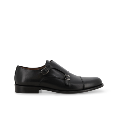 Scarpa doppia fibbia double monk strap in pelle nera cap toe