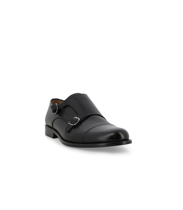 Scarpa doppia fibbia double monk strap in pelle nera cap toe