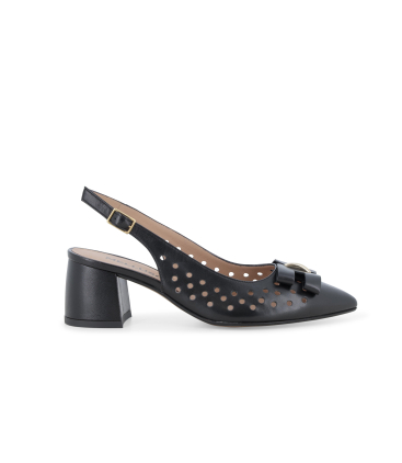 Slingback elegante in pelle nera traforata con fiocco v314