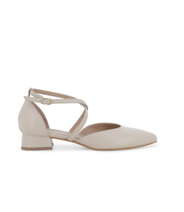 Décolleté d'Orsay aperta in pelle beige chiaro con cinturino incrociato v229q