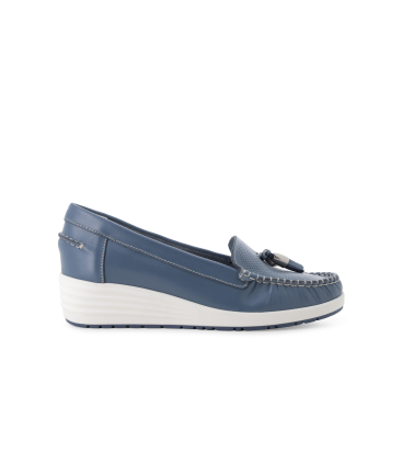 Mocassino con zeppa comodo in pelle blu jeans 01027q