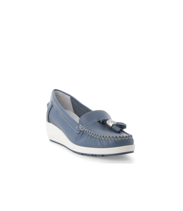 Mocassino con zeppa comodo in pelle blu jeans 01027q
