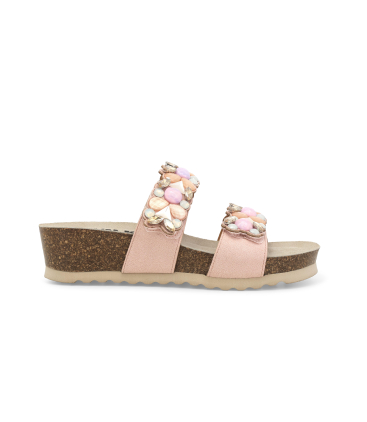 Sandalo slide con pietre gioiello 018147q zeppa in sughero e decorazioni rosa cipria