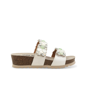 Sandalo slide con pietre gioiello 018147q zeppa in sughero e decorazioni bianco