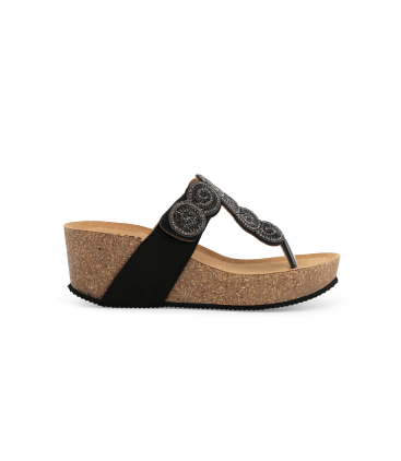 Infradito con zeppa in sughero e tomaia nera decorata 018153q