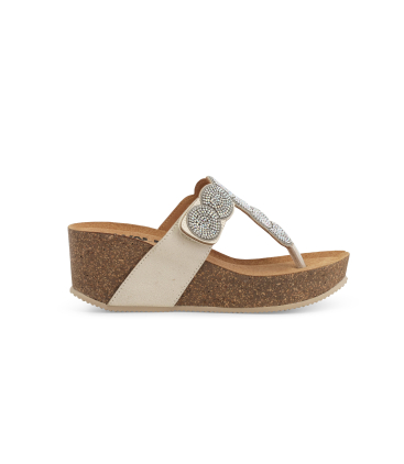 Zehentrenner mit Keilabsatz aus Kork und Obermaterial Beige mit Kristalle 018153q