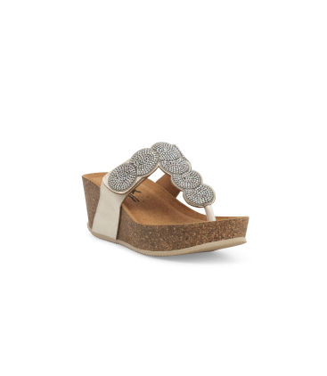 Zehentrenner mit Keilabsatz aus Kork und Obermaterial Beige mit Kristalle 018153q