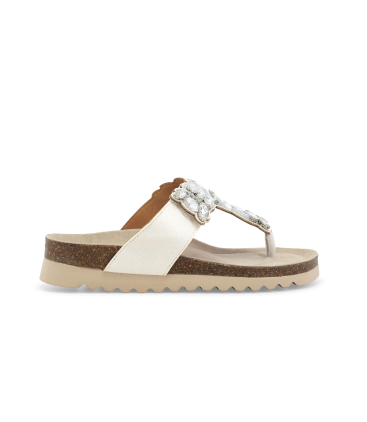 Sandalo slide infradito bianco con zeppa in sughero e decorazioni brillanti 018162q