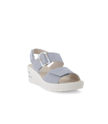 Sandale aus Wildleder Grau Perlweiss mit Keilabsatz und Maxi Schnalle 019227q