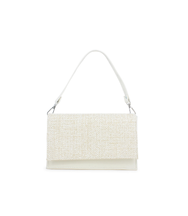 Tasche Pochette mit Umhaengeriemen aus Textil Raffiabast Weiss alb013