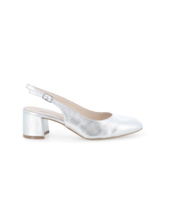 Décolleté donna slingback chiuso in pelle argento con tacco largo d180q