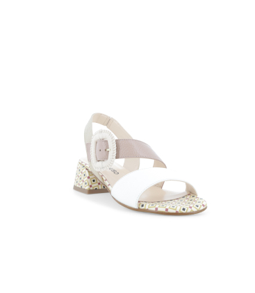 Sandalo in pelle bicolore con tacco largo a motivo geometrico k35572