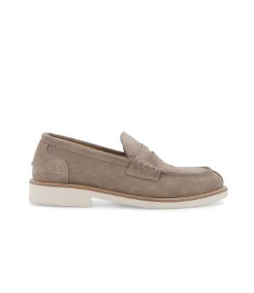 Mocassino estivo in camoscio beige con suola bianca u0890q