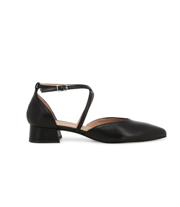 Décolleté d'Orsay aperta in pelle nera con cinturino incrociato v229q