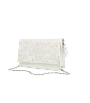 Tasche Pochette mit Umhaengeriemen aus Textil Raffiabast Weiss alb013