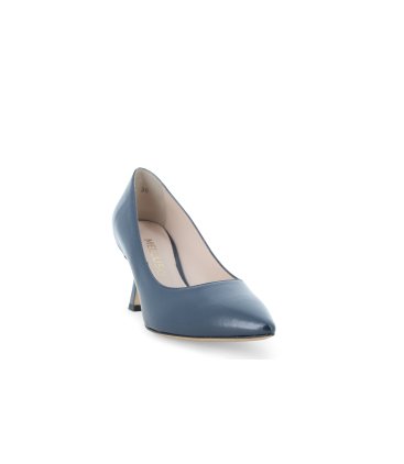 Décolleté a punta in pelle blu navy lucida con tacco svasato d160q