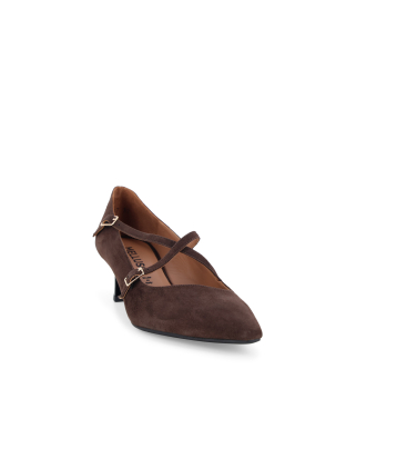 Décolleté donna in camoscio marrone comodo con cinturini e5207