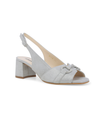 Sandale vorne offen glaenzend Grau Silber mit Schnalle Schmuck s641q